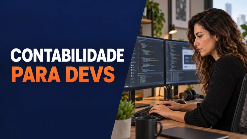 Desenvolvedora programa com as mãos no teclado diante de dois monitores com código, ao lado do título Contabilidade para Devs.
