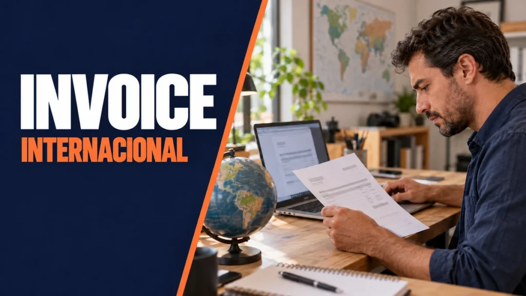 Profissional confere uma fatura impressa diante de um notebook e globo terrestre, ao lado do título Invoice Internacional em branco e laranja.