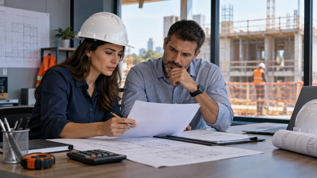 Engenheira e gestor conferem documentos e planta de uma obra de construção civil.