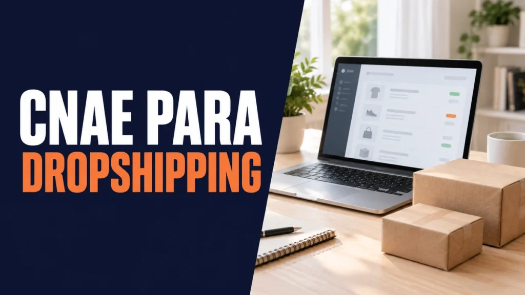Notebook com painel de pedidos e pequenos pacotes, ao lado do título CNAE para dropshipping.