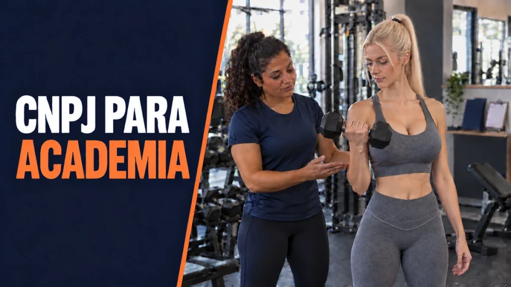Instrutora morena orienta aluna loira com cabelo liso e claro desde a raiz durante exercício com halter em uma academia; ao lado, o texto CNPJ PARA ACADEMIA.