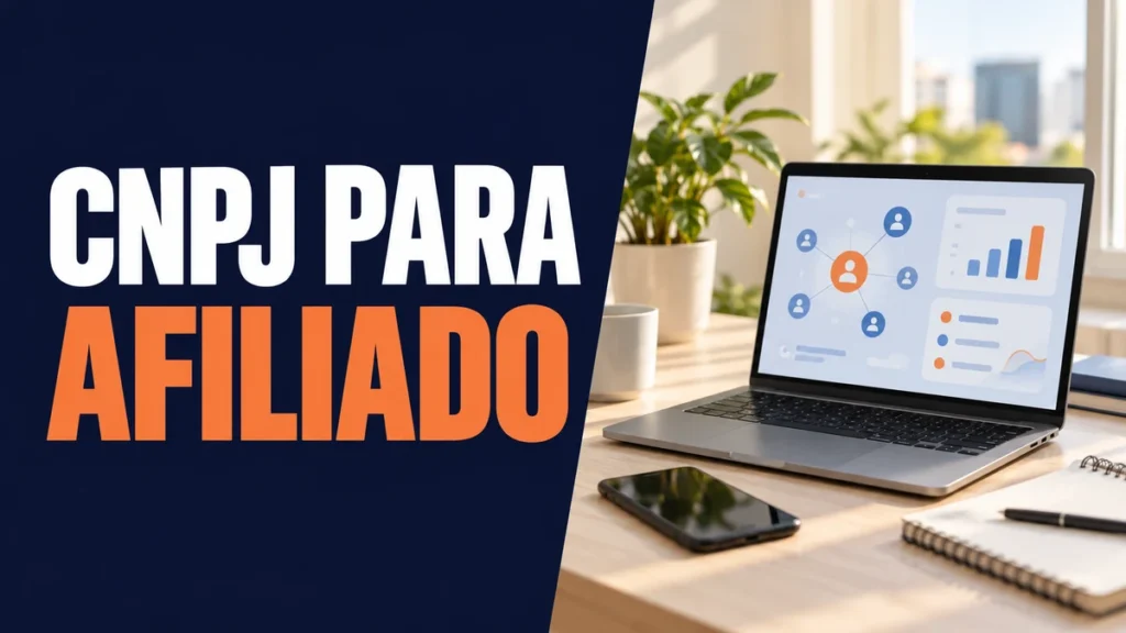 Notebook exibe conexões digitais e gráficos abstratos, ao lado do título CNPJ para afiliado.