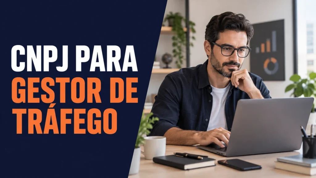 Gestor de tráfego analisa campanhas em um notebook, ao lado do título CNPJ para gestor de tráfego.