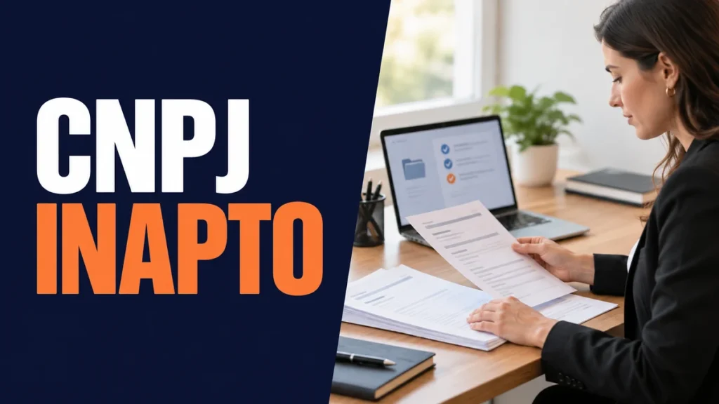 Profissional confere documentos ao lado de um notebook, com o título CNPJ inapto em branco e laranja.
