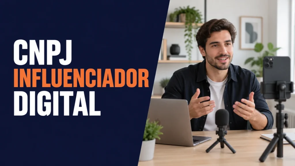 Influenciador grava conteúdo com smartphone em tripé, ao lado do título CNPJ Influenciador Digital.
