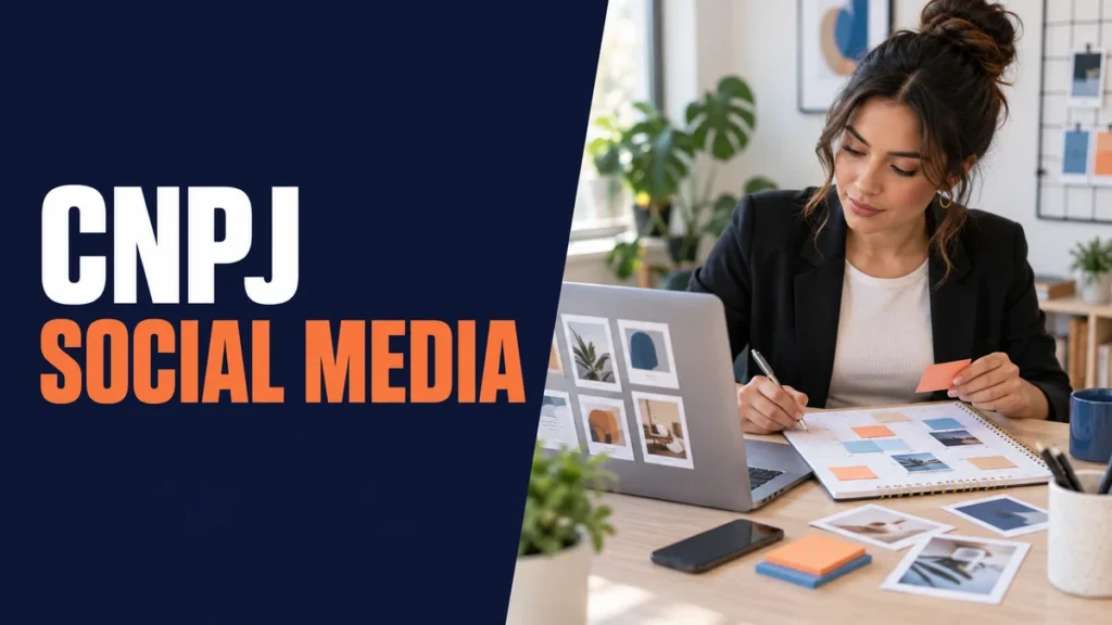 Profissional social media organiza um calendário editorial com notebook e planner, ao lado do título CNPJ Social Media.