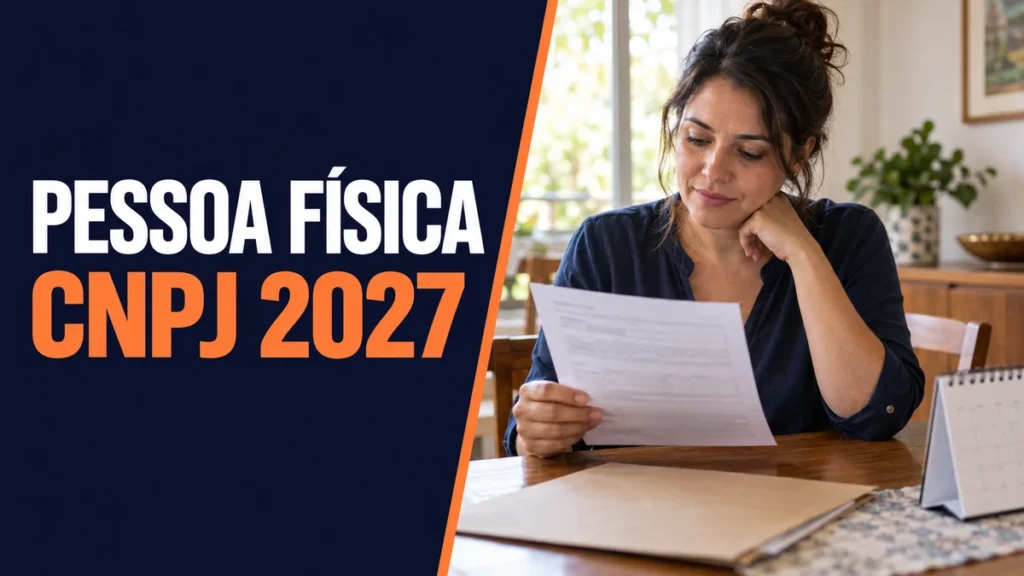 Pessoa física confere documento de cadastro em casa, com pasta e calendário ao lado, mantendo o contexto pessoal da inscrição.