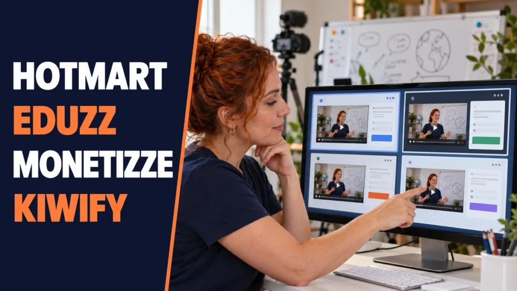 Criadora de videoaulas compara quatro interfaces do mesmo curso em um monitor, ao lado de câmera e quadro de aula, ilustrando Hotmart, Eduzz, Monetizze e Kiwify.