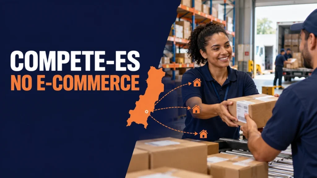 Profissionais expedem pedidos em centro de distribuição, com contorno do Espírito Santo e rotas a consumidores, ilustrando o Compete-ES para e-commerce.
