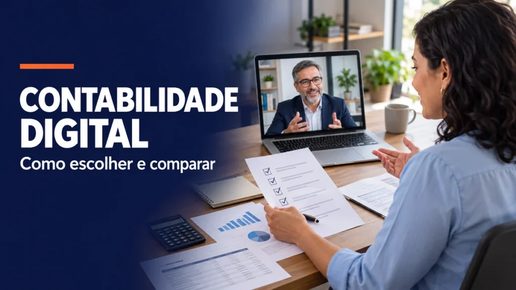Empresária compara documentos e checklist em videochamada com contador, ao lado do título Contabilidade digital.