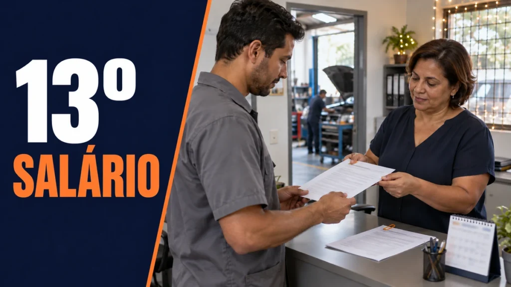 Gestora entrega demonstrativo de 13º salário a empregado em uma oficina, com outro documento e calendário desfocado sobre o balcão; ao lado, 13º SALÁRIO.