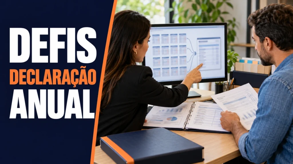 Contadora e empresário conferindo documentos da empresa e a consolidação dos registros mensais em uma informação anual da DEFIS.