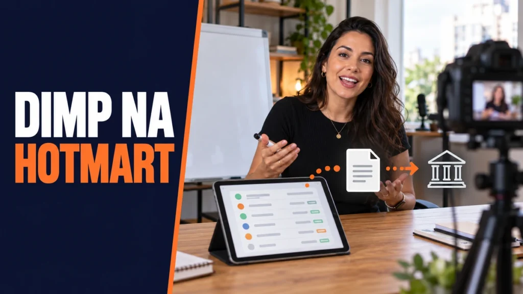 Instrutora brasileira grava uma aula online; um fluxo visual liga as transações no tablet a um relatório e ao Fisco, ilustrando a DIMP na Hotmart.