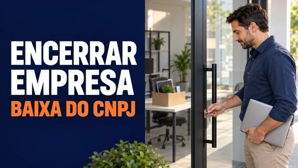 Empresário fecha a porta de um escritório com uma chave e leva o notebook, ao lado do título Encerrar empresa e Baixa do CNPJ.