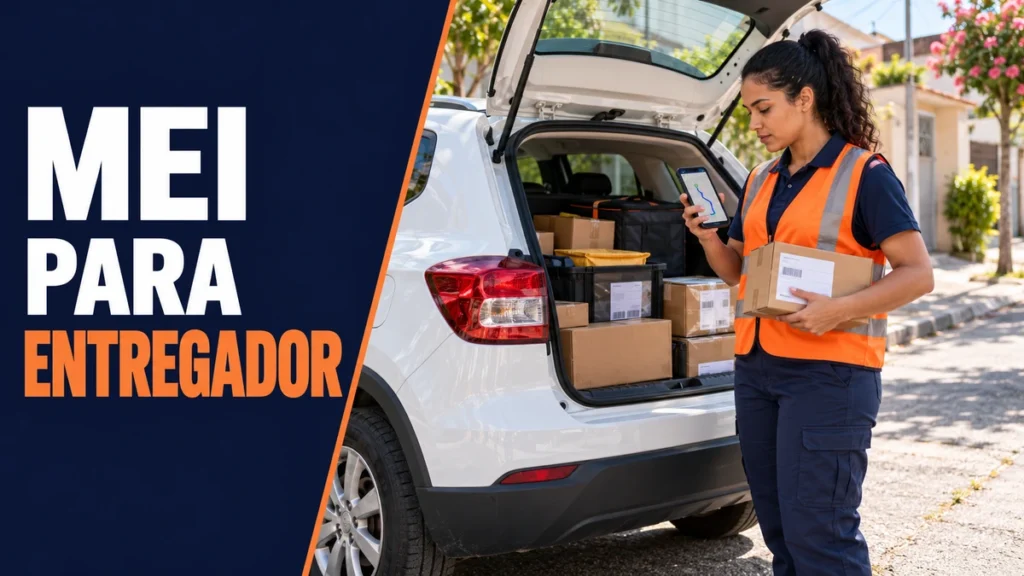 Entregadora uniformizada conferindo uma rota no celular ao lado de um carro com encomendas no porta-malas, no tema MEI para entregador.