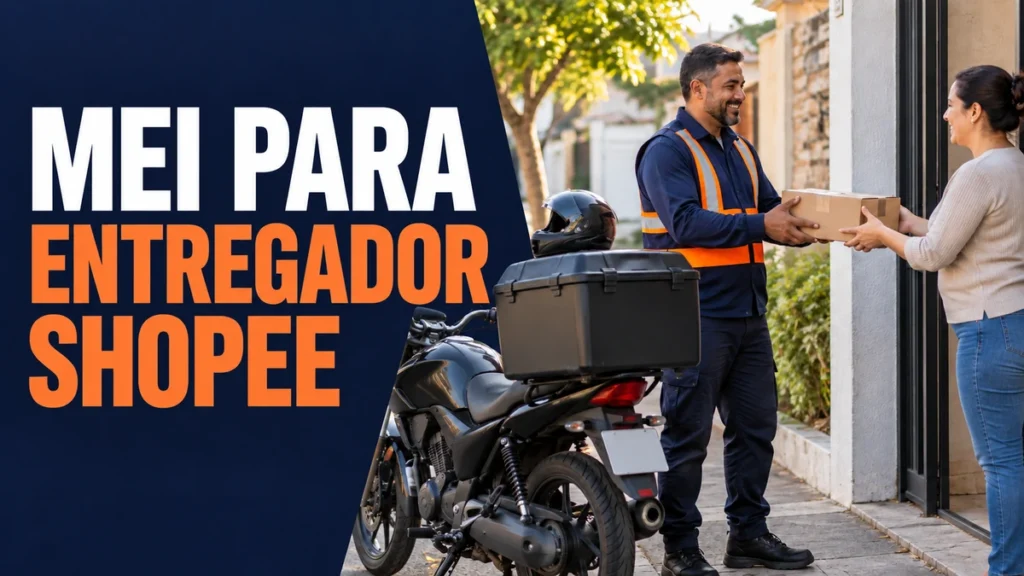 Entregador com colete refletivo entrega uma encomenda à moradora, ao lado de moto estacionada com baú, ilustrando MEI para entregador da Shopee.