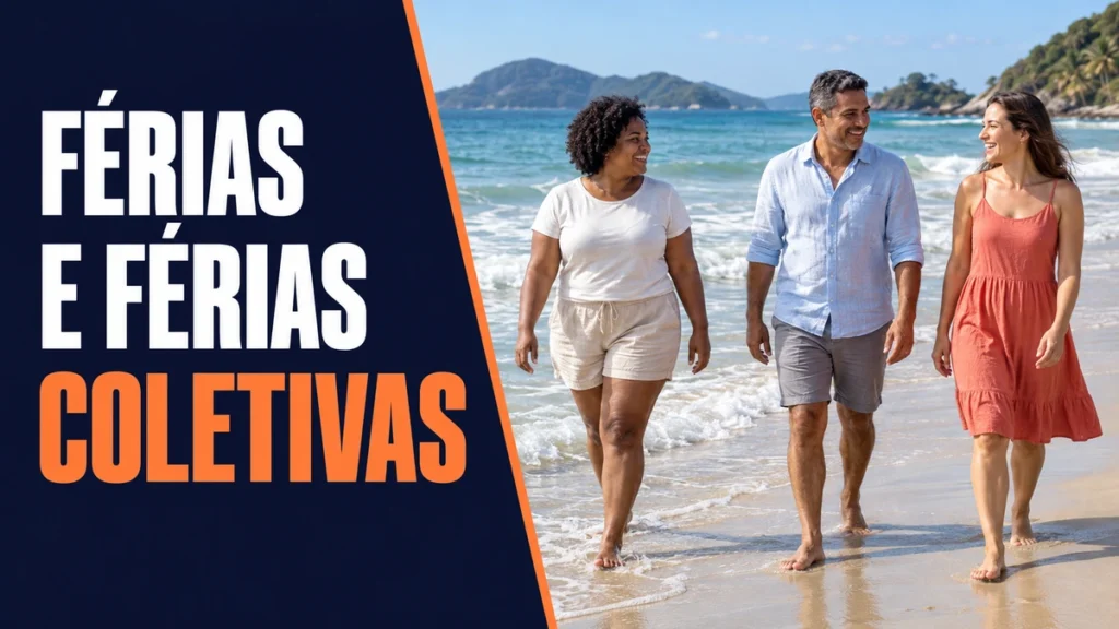 Três adultos com rostos e biotipos distintos caminham descalços na areia de uma praia brasileira; ao lado, o título FÉRIAS E FÉRIAS COLETIVAS.
