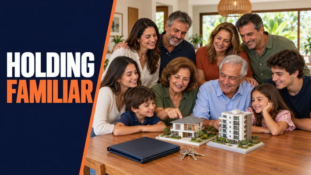 Família brasileira com dez pessoas, incluindo dois idosos, dois casais de meia-idade, dois jovens adultos e duas crianças, reunida com maquetes de imóveis e chaves para representar uma holding familiar.