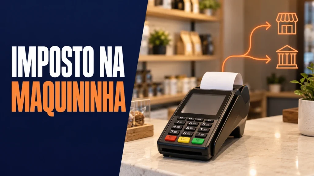 Maquininha com tela e comprovante sem dados em um balcão; uma rota laranja se divide entre a loja e a esfera tributária, ilustrando o split payment; texto IMPOSTO NA MAQUININHA.