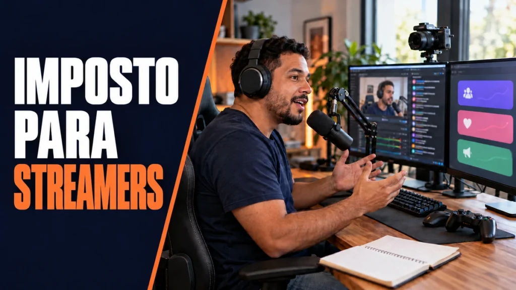 Streamer brasileiro em live com câmera, microfone e telas de chat e monetização, ao lado de um caderno sobre a mesa.