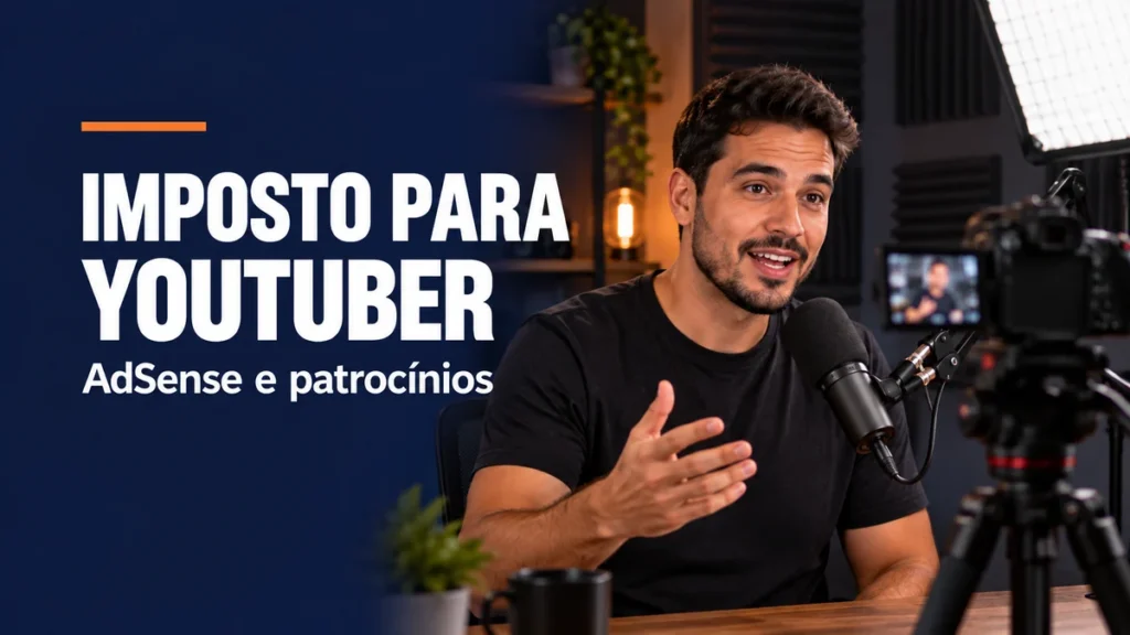 Youtuber grava um vídeo diante de câmera e microfone em estúdio, ao lado do título Imposto para youtuber: AdSense e patrocínios.