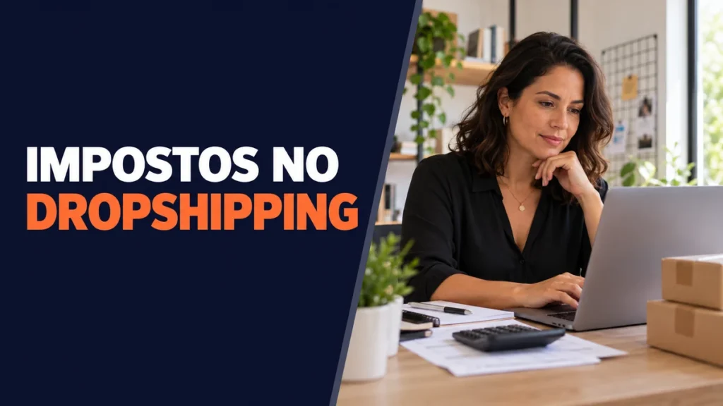 Profissional confere pedidos e documentos de uma loja online, ao lado do título Impostos no Dropshipping.