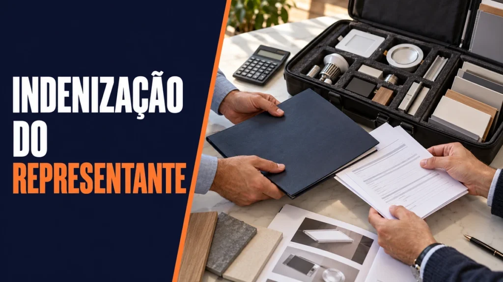 Mãos de profissionais organizam uma pasta contratual e demonstrativos ao lado da maleta de amostras de um representante comercial; à esquerda, o texto Indenização do Representante.