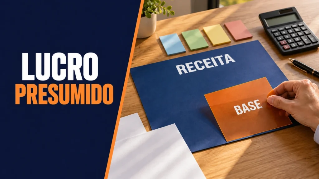 Mão posiciona um cartão laranja de base sobre um cartão azul de receita, ao lado de calculadora e divisórias, representando a base estimada no Lucro Presumido.