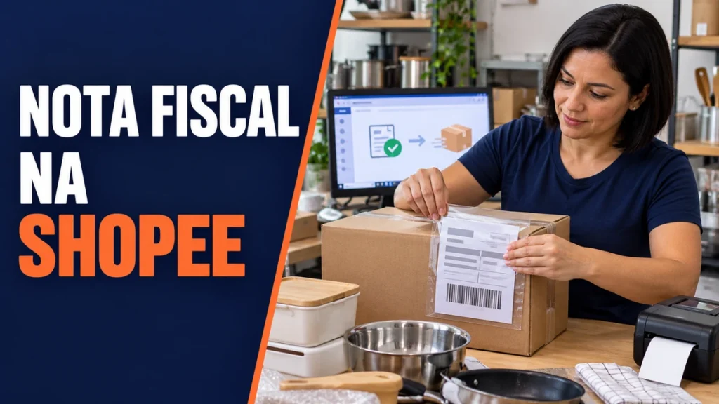 Vendedora coloca documento fiscal em envelope transparente de uma encomenda, ao lado de impressora e pedido no monitor, ilustrando nota fiscal na Shopee.