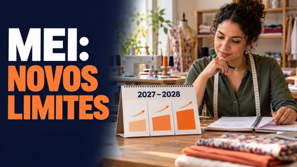 Empreendedora em ateliê analisa calendário de 2027–2028 com faixas crescentes, representando a transição dos novos limites do MEI.