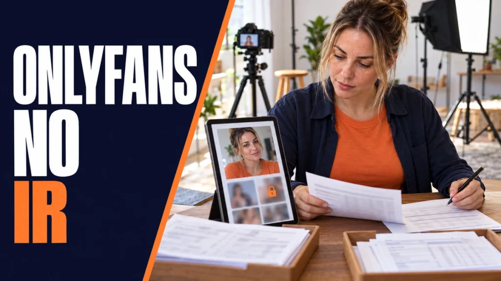 Criadora brasileira em estúdio doméstico conferindo extratos e documentos fiscais, ao lado de tela com conteúdo por assinatura e cadeado, para apurar o Imposto de Renda do OnlyFans.