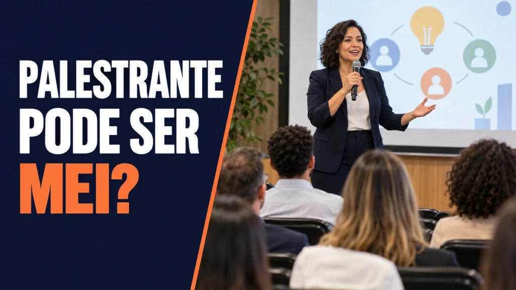Palestrante brasileira com microfone apresenta treinamento profissional a uma plateia, ao lado da pergunta Palestrante pode ser MEI.