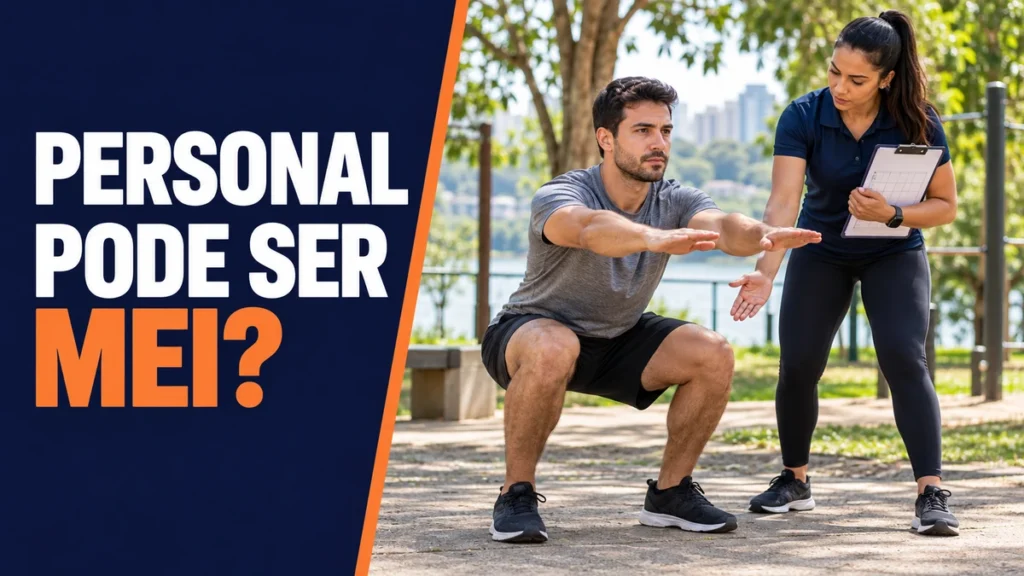 Personal trainer orienta individualmente um aluno em agachamento no parque, com ficha de treino, ilustrando a formalização profissional além do MEI.