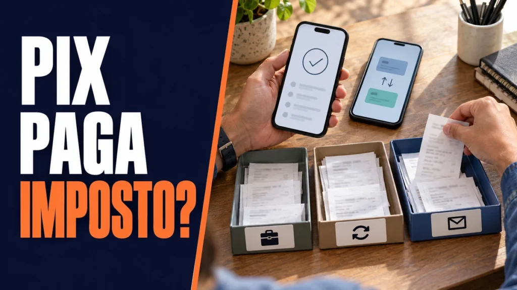 Mãos conferindo comprovantes de Pix, dois celulares com transferências e documentos separados por origem para apurar o Imposto de Renda.