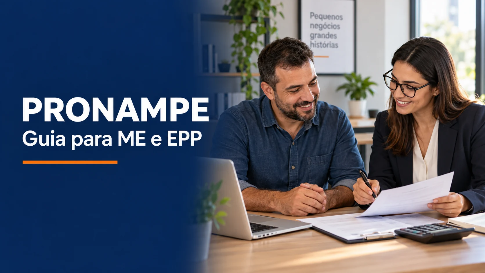 Pronampe para ME e EPP: empresário e contadora analisando documentos e planejamento financeiro.