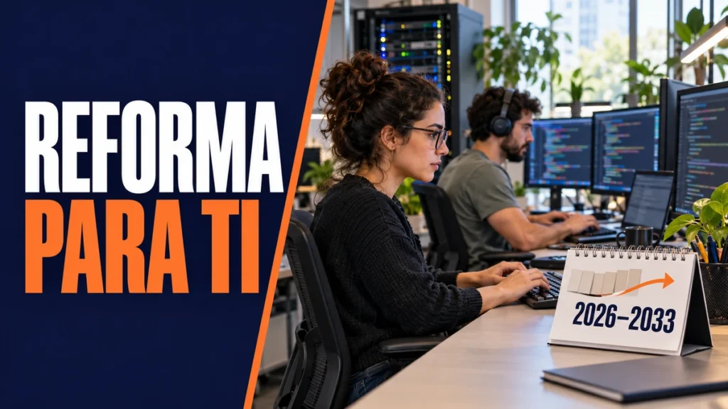 Desenvolvedores programam diante de monitores e servidores, com calendário de 2026 a 2033 representando a reforma tributária para empresas de TI.