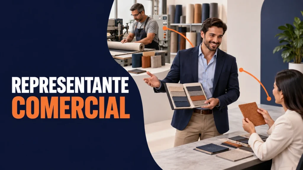 Representante apresenta amostras entre fabricante de tecidos e compradora, ligados por conexões que mostram a intermediação comercial.