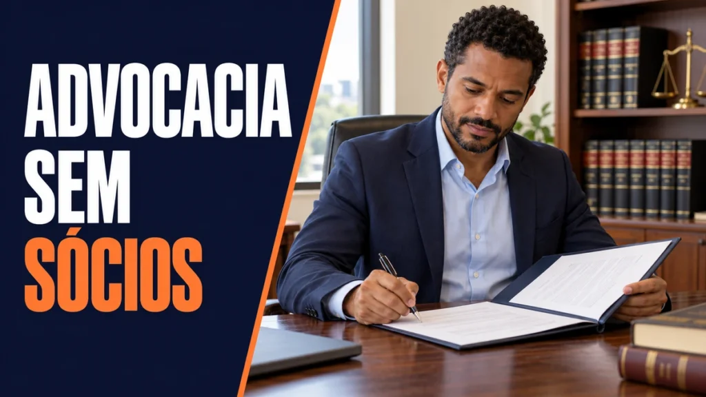 Advogado brasileiro sozinho em seu escritório, conferindo o ato de constituição de uma sociedade unipessoal de advocacia, com livros jurídicos ao fundo.