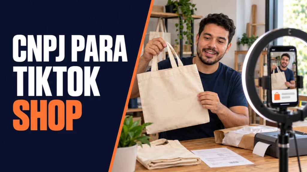 Lojista brasileiro demonstrando uma bolsa em vídeo de venda pelo celular, com cartão de compra na tela, embalagem e documento fiscal sobre a bancada.