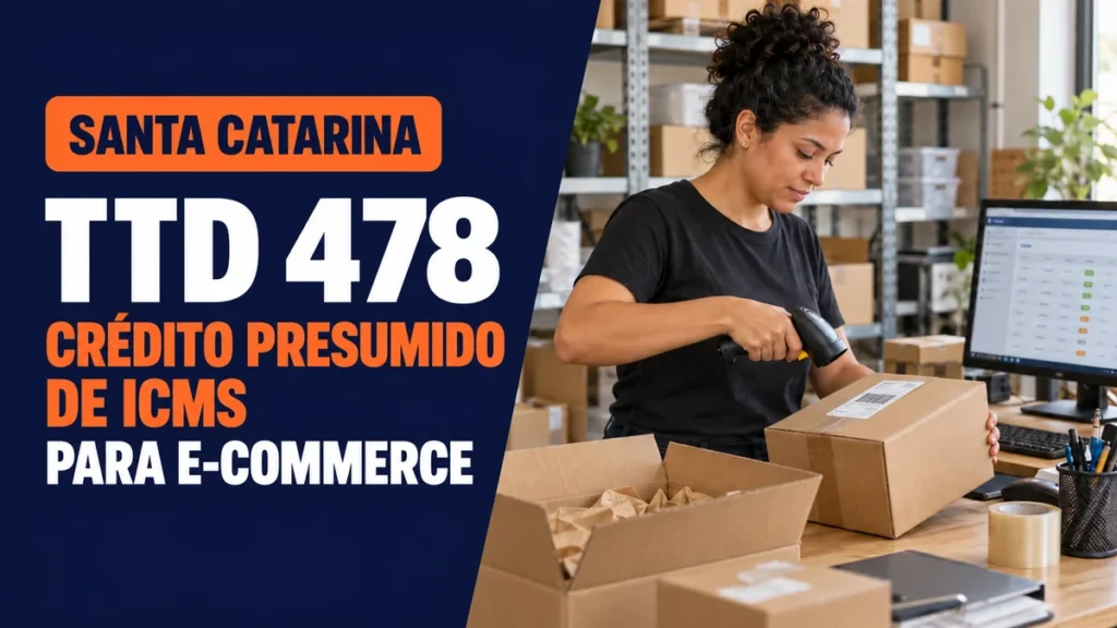 Capa sobre TTD 478 em Santa Catarina e crédito presumido de ICMS, com profissional de e-commerce escaneando uma caixa.